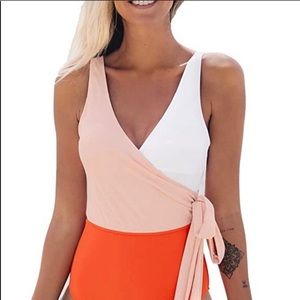 Cupshe one piece orange, peach, white wrap.